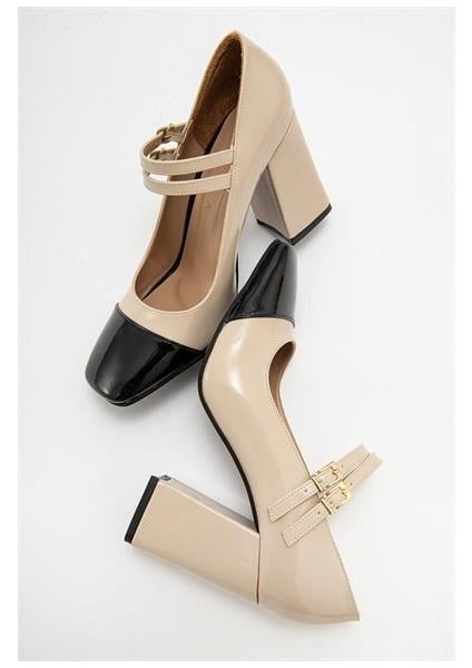 Kadın Ant Beyaz-Siyah Rugan Kalın Topuklu Bantlı Ayakkabı