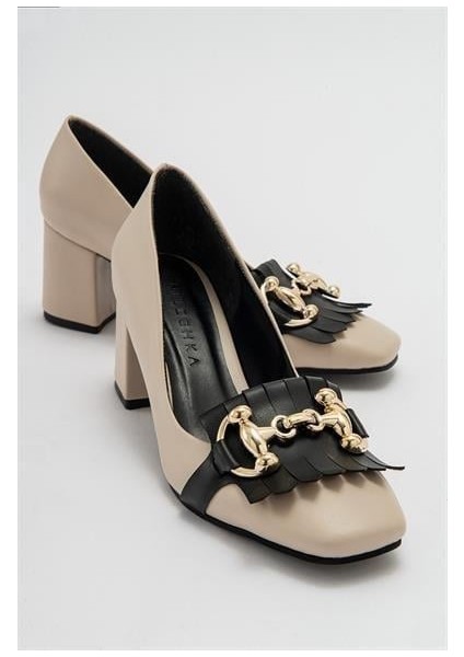 Kadın Mnc Bej Tokalı Kalın Topuklu Ayakkabı