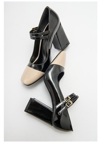 Kadın Ant Siyah-Bej Rugan Kalın Topuklu Bantlı Ayakkabı