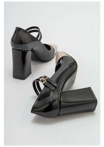 Kadın Ant Siyah-Bej Rugan Kalın Topuklu Bantlı Ayakkabı