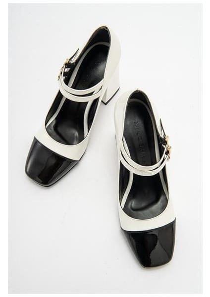 Kadın Ant Beyaz-Siyah Rugan Kalın Topuklu Bantlı Ayakkabı