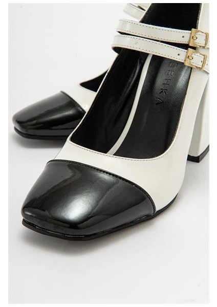 Kadın Ant Beyaz-Siyah Rugan Kalın Topuklu Bantlı Ayakkabı modelleri