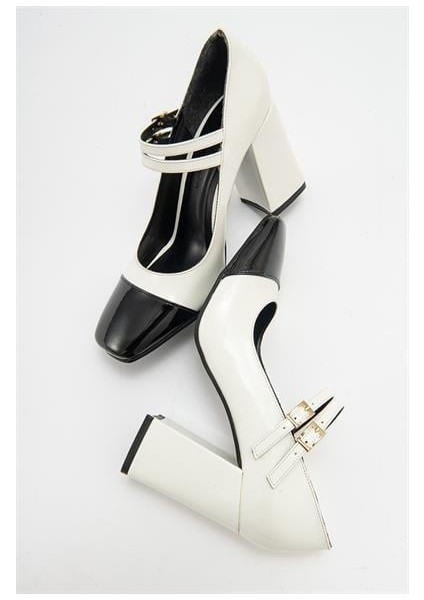 Kadın Ant Beyaz-Siyah Rugan Kalın Topuklu Bantlı Ayakkabı fırsatları