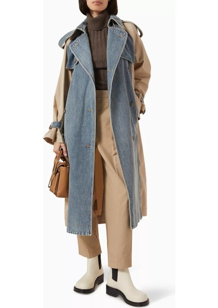 Denim Trençkot Kontrast Kumaşlı, Kemerli, Oversize Şehir Şıklığı