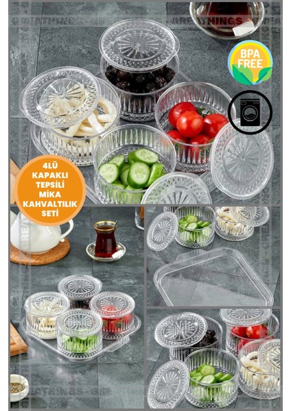 4’lü Akrilik Şeffaf Kapaklı Kahvaltılık Seti ve Saklama Kabı, Tepsili Beyaz