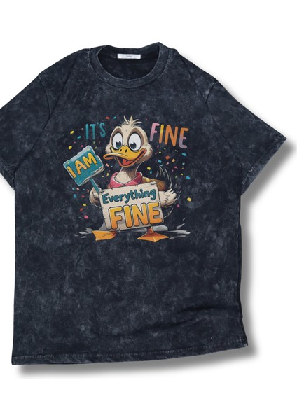 Unisex I Am Fine Everything Fine Yazılı Yıkamalı T-Shirt,oversize Komik Ördek Temalı Vintage Tişört