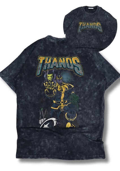 Unisex Vintage Thanos Sırt Baskılı Yıkamalı T-Shirt, Oversize Mar Vel Temalı Tişört