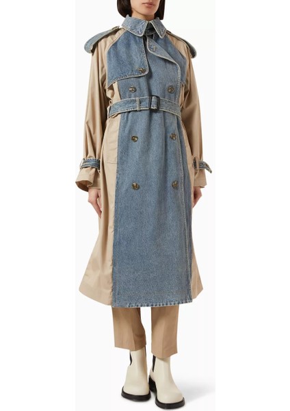 Denim Trençkot Kontrast Kumaşlı, Kemerli, Oversize Şehir Şıklığı modelleri