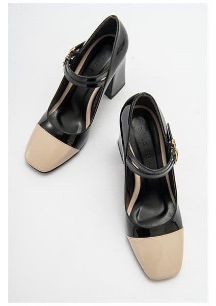 Kadın Ant Siyah-Bej Rugan Kalın Topuklu Bantlı Ayakkabı