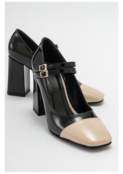 Kadın Ant Siyah-Bej Rugan Kalın Topuklu Bantlı Ayakkabı fiyatları