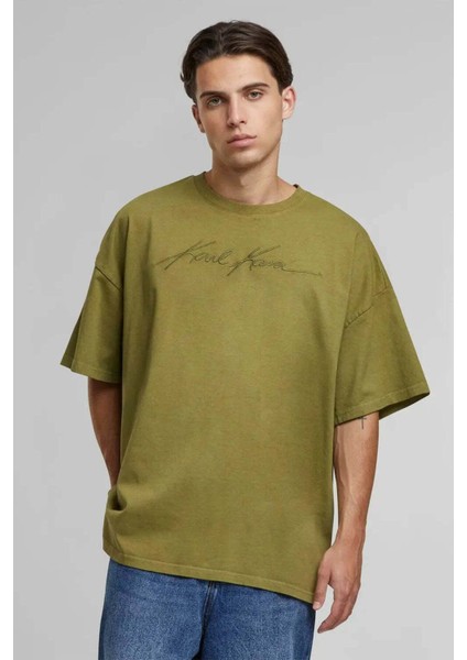 Autograph Heavy Boxy T-Shirt - %100 Pamuk, Zeytin Yeşili, Rahat Kesim