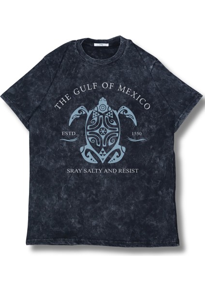 Unisex The Gulf Of Mexico Baskılı Yıkamalı T-Shirt, Oversize Kaplumbağa Temalı Retro Tişört