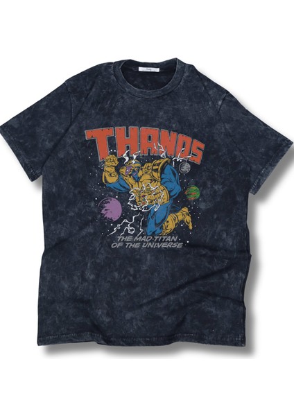 Unisex Thanos The Mad Titan Of The Universe Yazılı Yıkamalı T-Shirt, Oversize Mar Vel Temalı Tişört