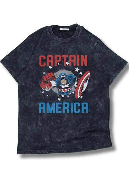 Unisex Captan America Yazılı Yıkamalı T-Shirt, Oversize Mar Vel Temalı Vintage Tişört