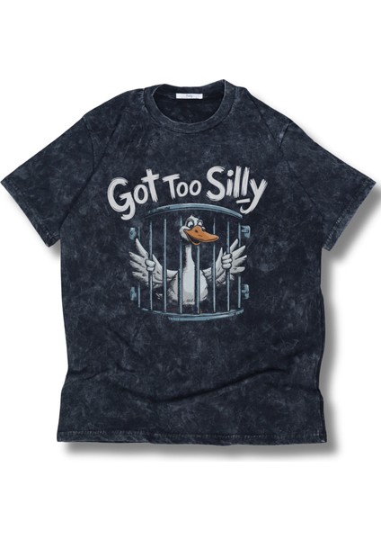 Unisex Got Too Silly Baskılı Yıkamalı T-Shirt, Oversize Komik Ördek Temalı Retro Tişört
