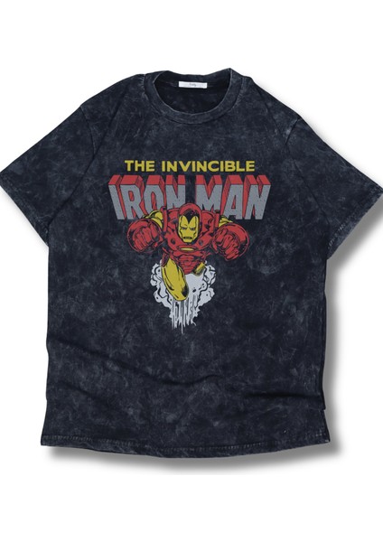 Unisex The Invincible Iron Maiden Baskılı Yıkamalı T-Shirt, Oversize Mar Vel Temalı Retro Tişört