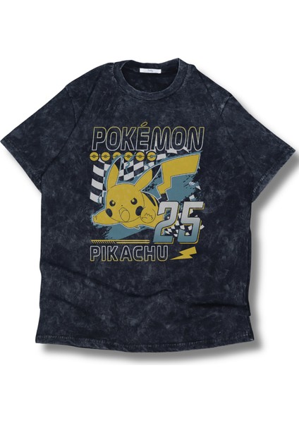 Unisex Pikachu 25 Baskılı Yıkamalı T-Shirt, Oversize Pokemon Temalı Retro Tişört