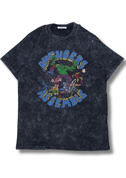Unisex Avengers Assamble Baskılı Yıkamalı T-Shirt, Oversize Mar Vel Temalı Retro Tişört