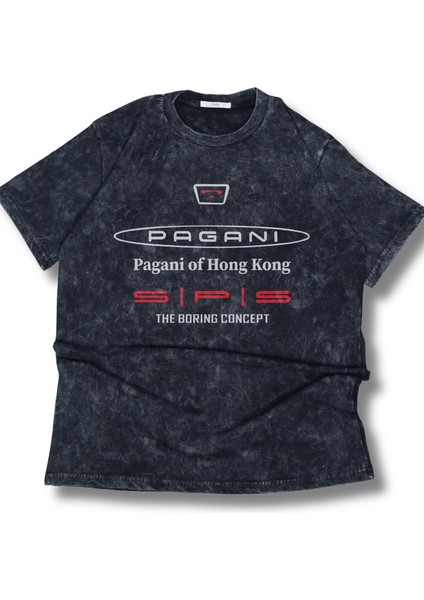 Unisex Pagani Of Hong Kong Yazılı Yıkamalı T-Shirt, Oversize Araba Temalı Retro Tişört