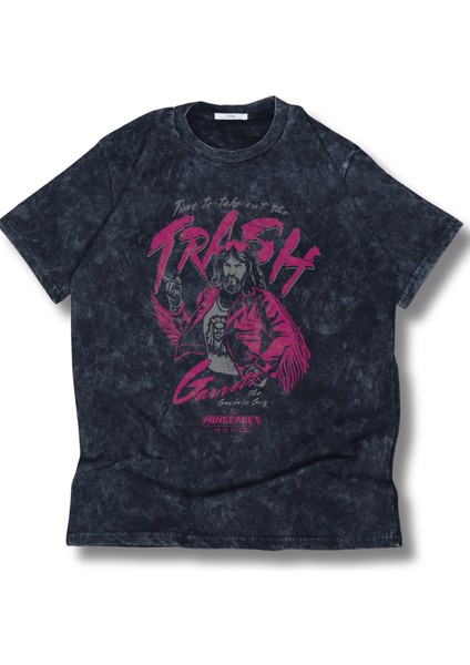 Unisex Garett The Garbage Baskılı Yıkamalı T-Shirt, Oversize Minecraft Movie Temalı Retro Tişört