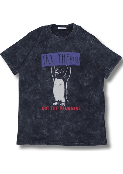 Unisex Tax The Rich Not The Penguins Yazılı Yıkamalı T-Shirt, Oversize Komik Penguen Temalı Tişört