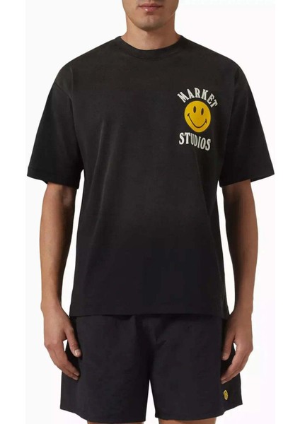 Smiley Lockup T-Shirt: %100 Pamuklu Siyah Erkek Tişört