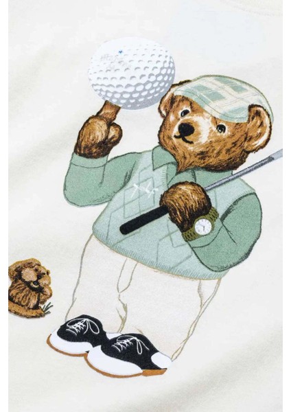 Par 5 Bear T-Shirt - %100 Pamuk, Ecru Renk, Rahat Kesim Üst modelleri
