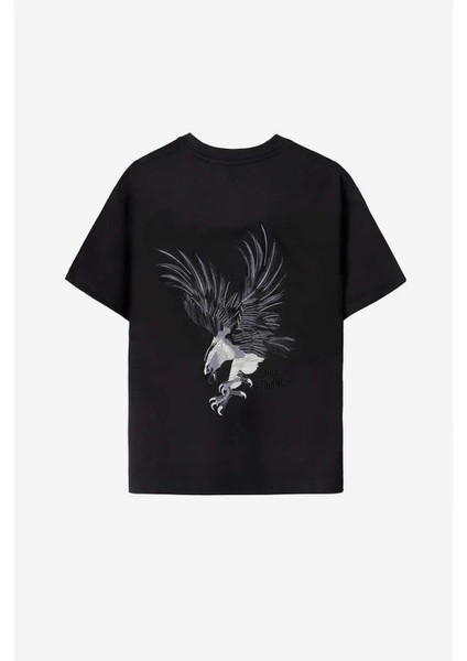 Sürdürülebilir Midnight Hawk T-Shirt - Organik Pamuk, Siyah, Rahat Kesim