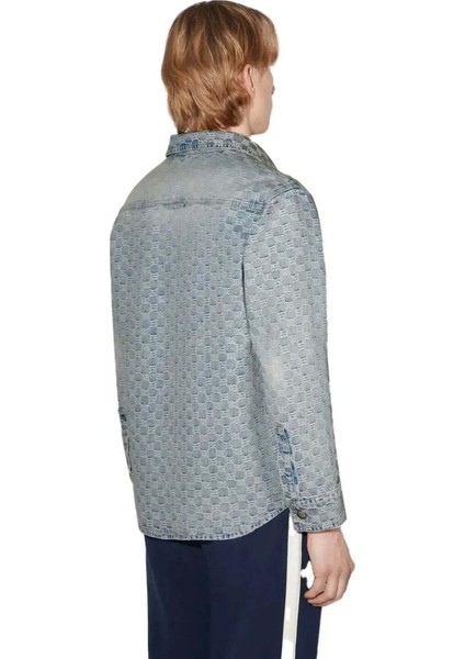 Monogram Desenli Mavi Denim Overshirt - Erkekler Için Şık ve Modern Tasarım fiyatları