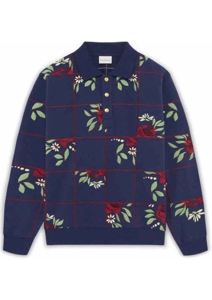 100% Pamuk Fleece Le Polo Patchwork Fleurs - Nakışlı Çiçek Desenli Polo Tişört