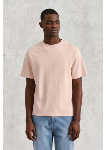 Dean T-Shirt - Tekstil Dokulu Pembe, %100 Organik Pamuklu, Rahat Kesim
