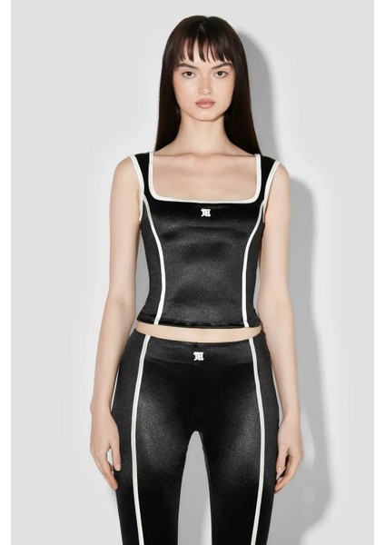 St Germain Siyah Kadın Atlet - Fitted Lycra Üst, Beyaz Süsleme ile