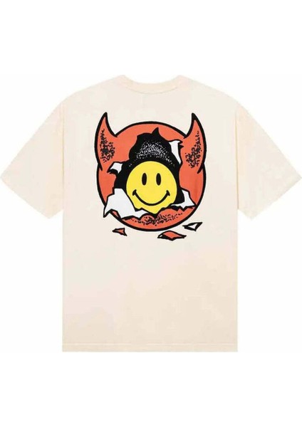 Smiley Inner Peace T-Shirt - %100 Pamuk, Krem Renk, Doğru Beden Uyumu