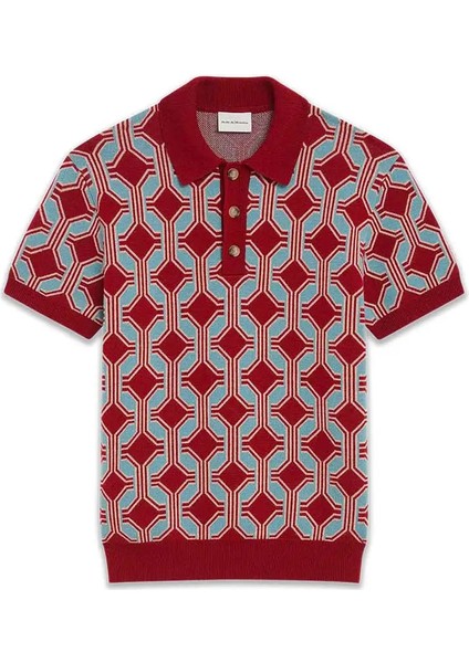 La Maille Polo Geometrique - Kısa Kollu Koyu Kırmızı Merino Yün Polosu