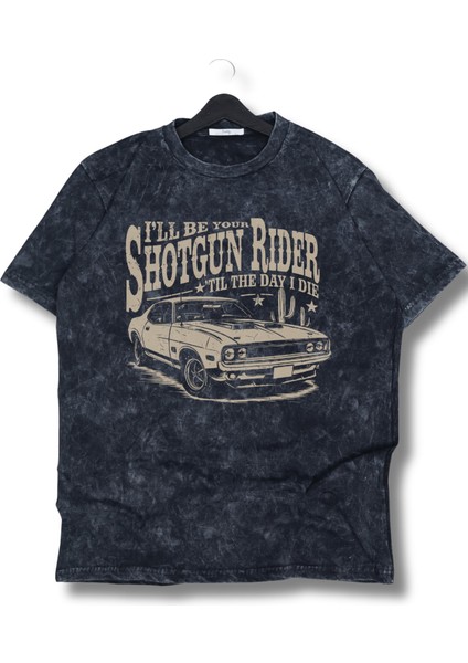 Unisex Shotgun Rider Baskılı Yıkamalı T-Shirt, Oversize Klasik Araba Temalı Retro Tişört