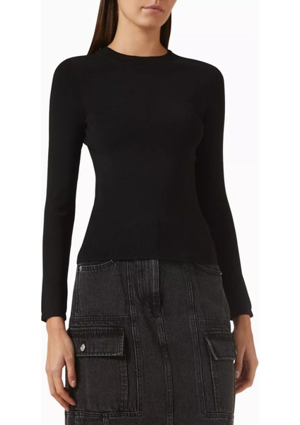 Compact Ribbed Üst Siyah, Slim Fit, Katlanabilir Formda Ince Triko