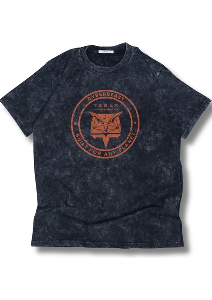 Unisex Tesla Cyberbeast Baskılı Yıkamalı T-Shirt, Oversize Araba Temalı Retro Tişört