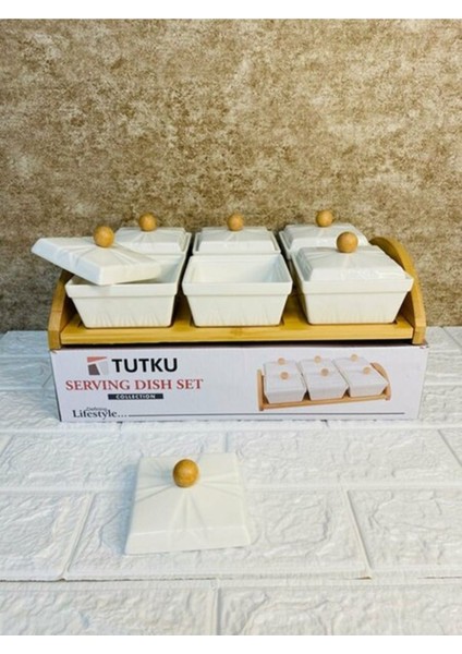 Bambu Kapaklı 6 Parçalı Porselen Kahvaltı Seti, Şık ve Modern Tasarım