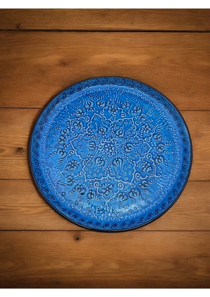 Turkuaz Desenli Kabartmalı Seramik 8 Parça Kahvaltılık ve Çerezlik Sunum Seti