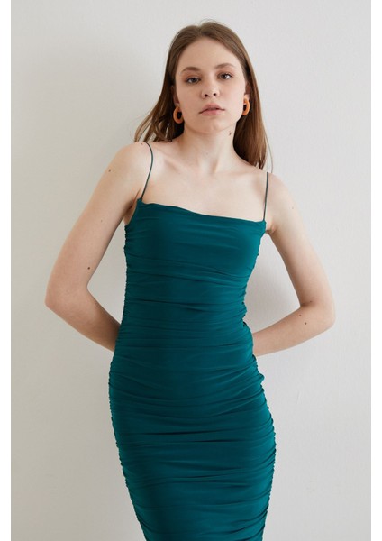 Ip Askılı Büzgülü Elbise-Zümrüt Yeşili fiyatları