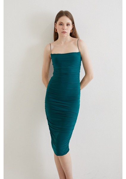Ip Askılı Büzgülü Elbise-Zümrüt Yeşili modelleri