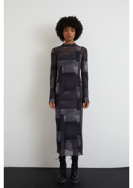 Kadın Batik Desen Uzun Ince Şifon Tül Elbise Siyah fiyatları