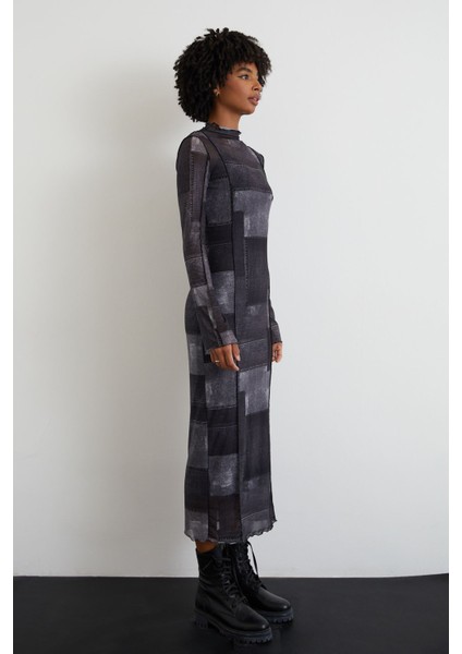 Kadın Batik Desen Uzun Ince Şifon Tül Elbise Siyah modelleri