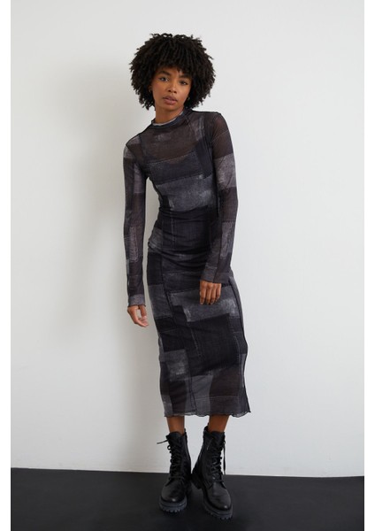 Kadın Batik Desen Uzun Ince Şifon Tül Elbise Siyah indirimleri