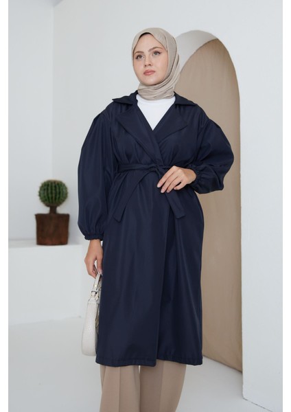 Kadın Bağlamalı Kolu Lastikli Kuşaklı Trençkot Lacivert