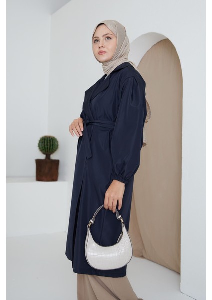 Kadın Bağlamalı Kolu Lastikli Kuşaklı Trençkot Lacivert modelleri