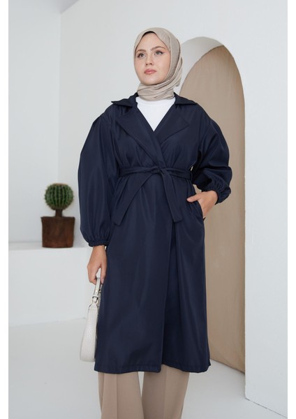 Kadın Bağlamalı Kolu Lastikli Kuşaklı Trençkot Lacivert indirimleri