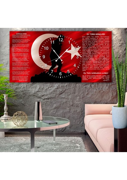 Saatli Al Bayrak Panoramik Kanvas Tablo