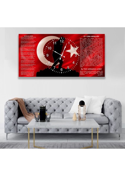 Saatli Al Bayrak Panoramik Kanvas Tablo fiyatları