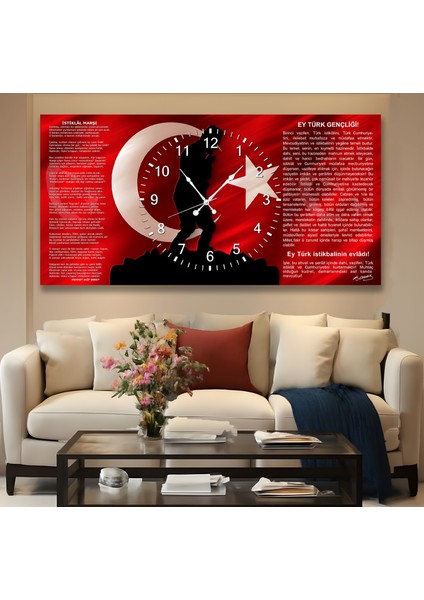 Saatli Al Bayrak Panoramik Kanvas Tablo modelleri